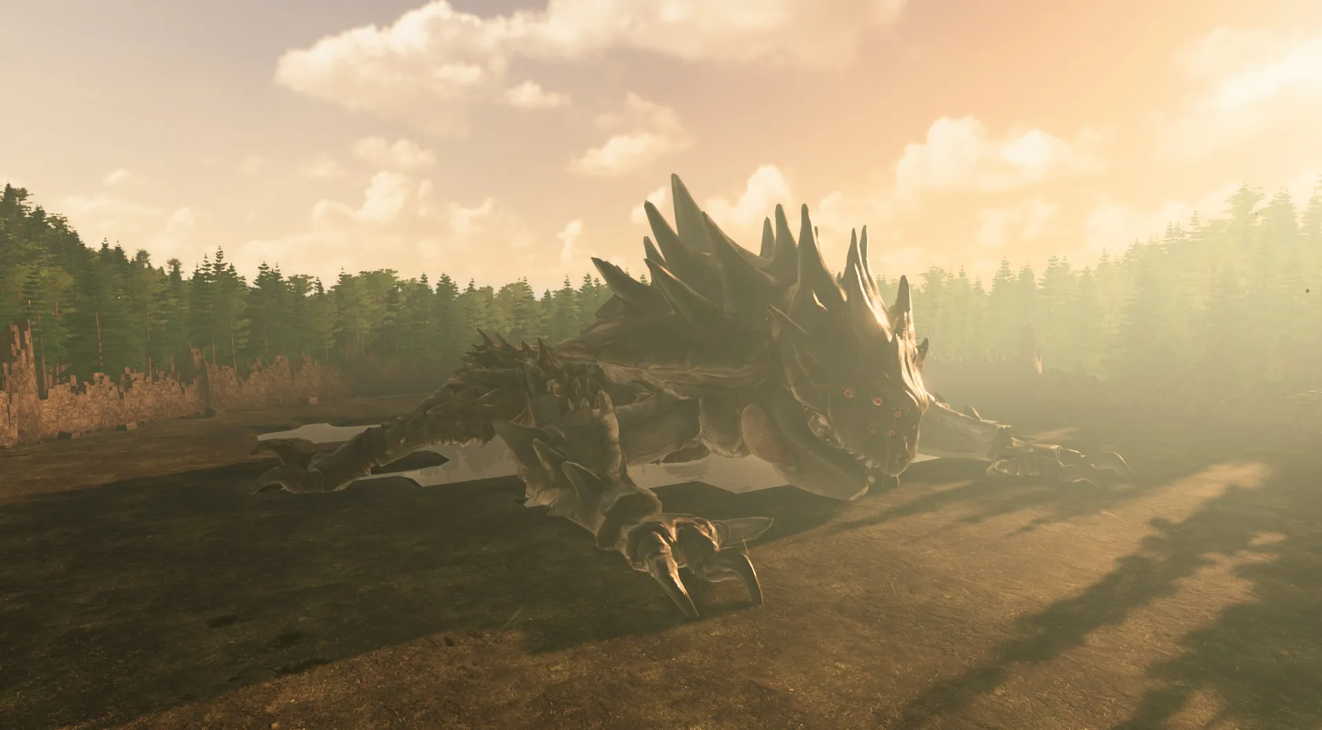 Garm, the first god, resting in his arena at sunset