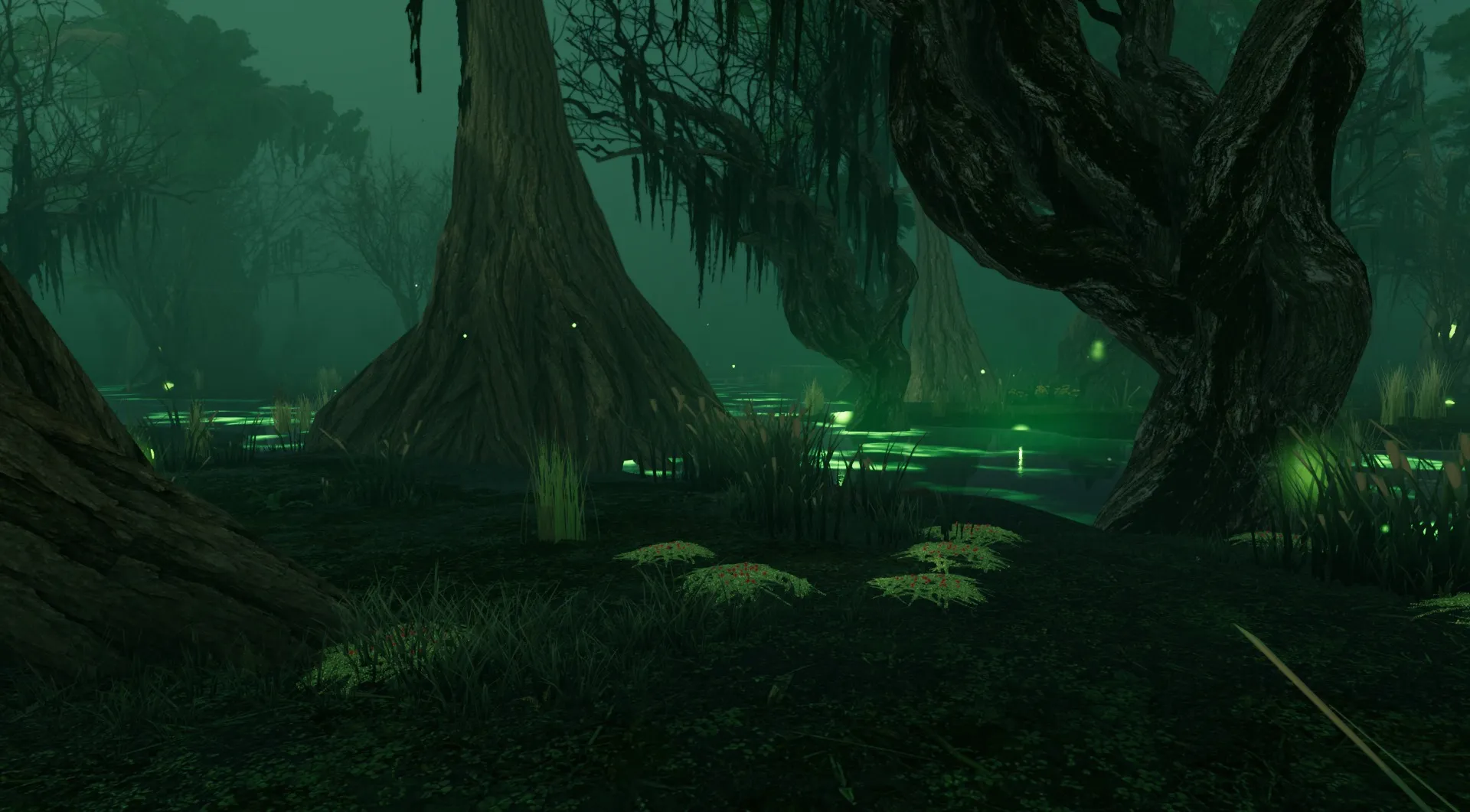 A swamp at dusk, glowing lights over the water